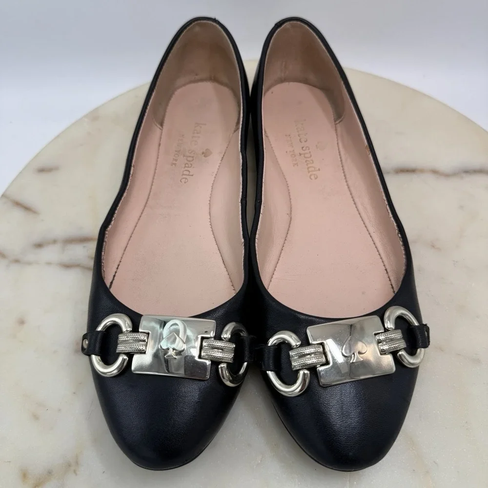 Kate Spade Payton Ballet Flats Black Leather Silver Logo Size 6.5B Slip-On